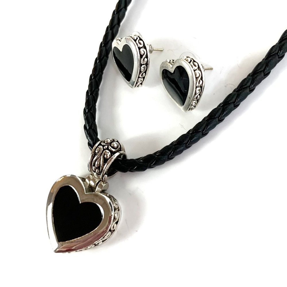 Silver and Black Heart Necklace and Earring Set